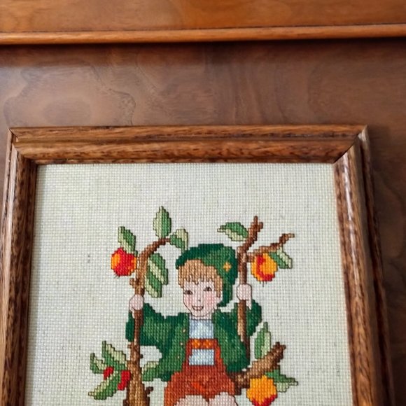 Vintage Hummel NeedlePoint “Boy Lederhosen Peach/Apple Tree Framed - Picture 2 of 7
